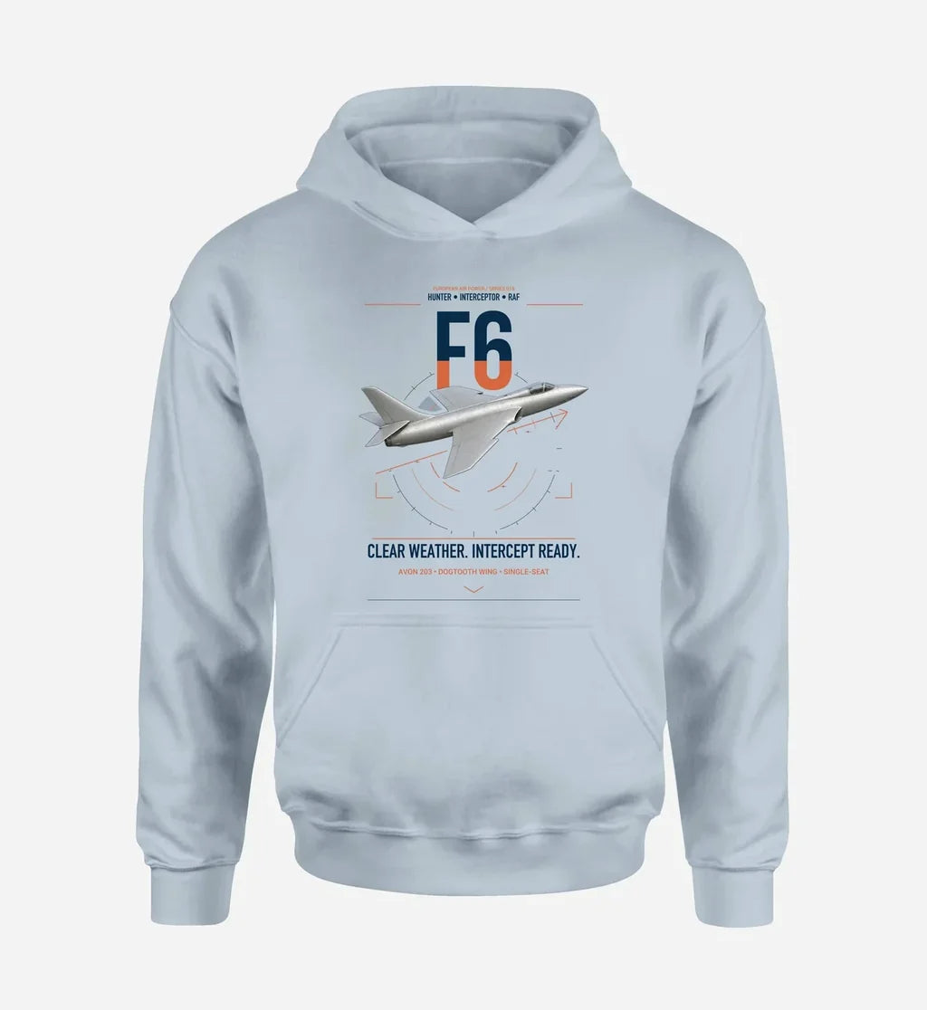 Hawker Hunter F6 design on light blue double-side hoodie, single-side print
