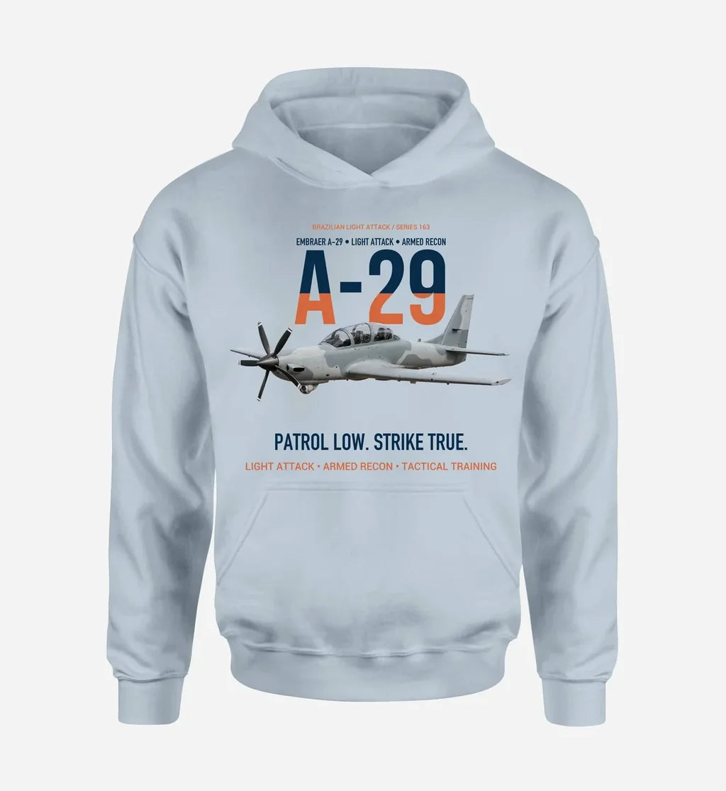 A-29 SUPER TUCANO design on light blue hoodie single side