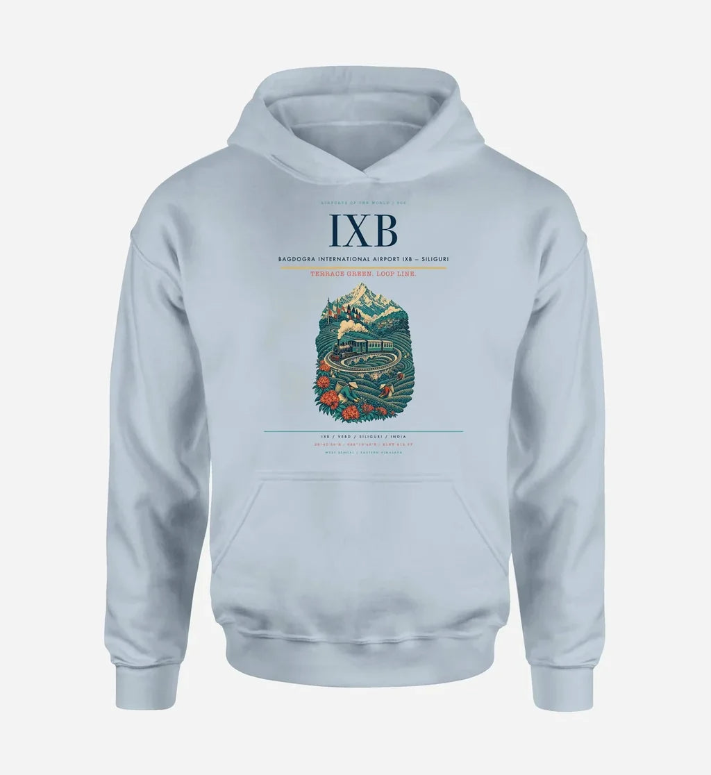 Bagdogra International Airport (IXB) design on light blue hoodie single-side print