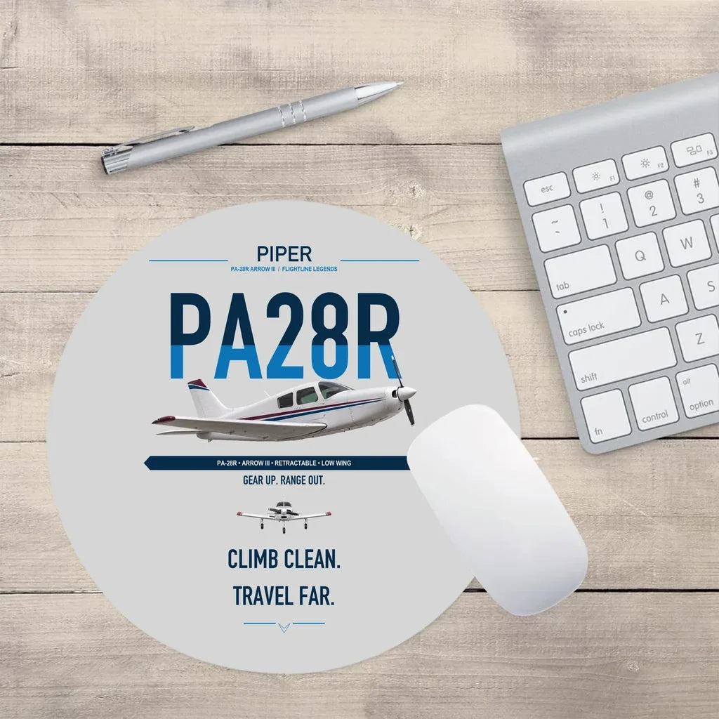 Piper PA-28R Arrow III design on light gray round mouse pad
