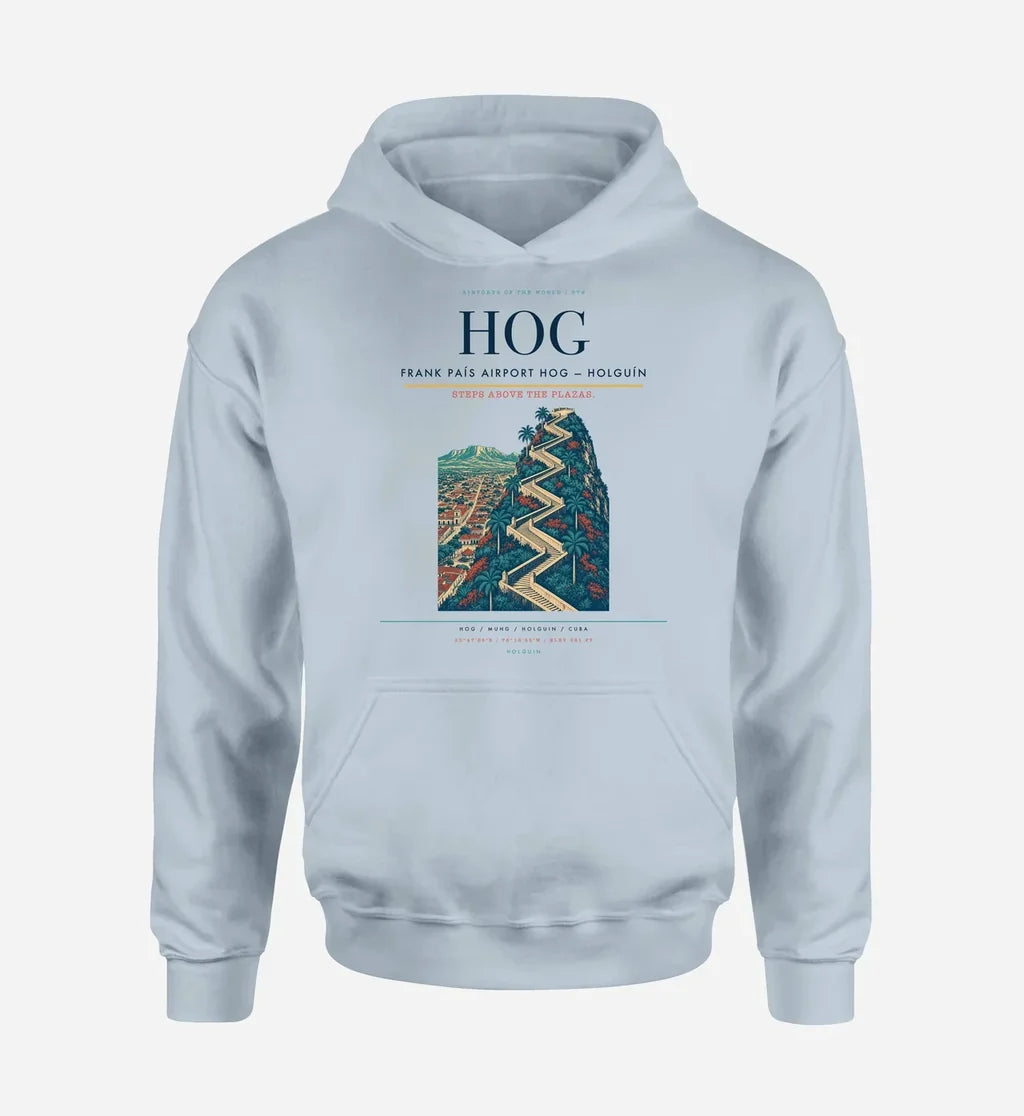 Frank País Airport (HOG) design on light blue hoodie single-side print