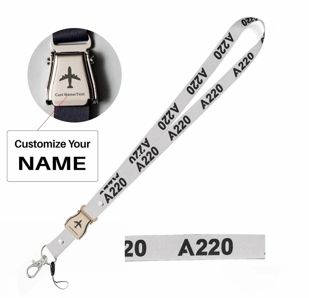 Airbus A220 Flat Text seat belt lanyard - white with name