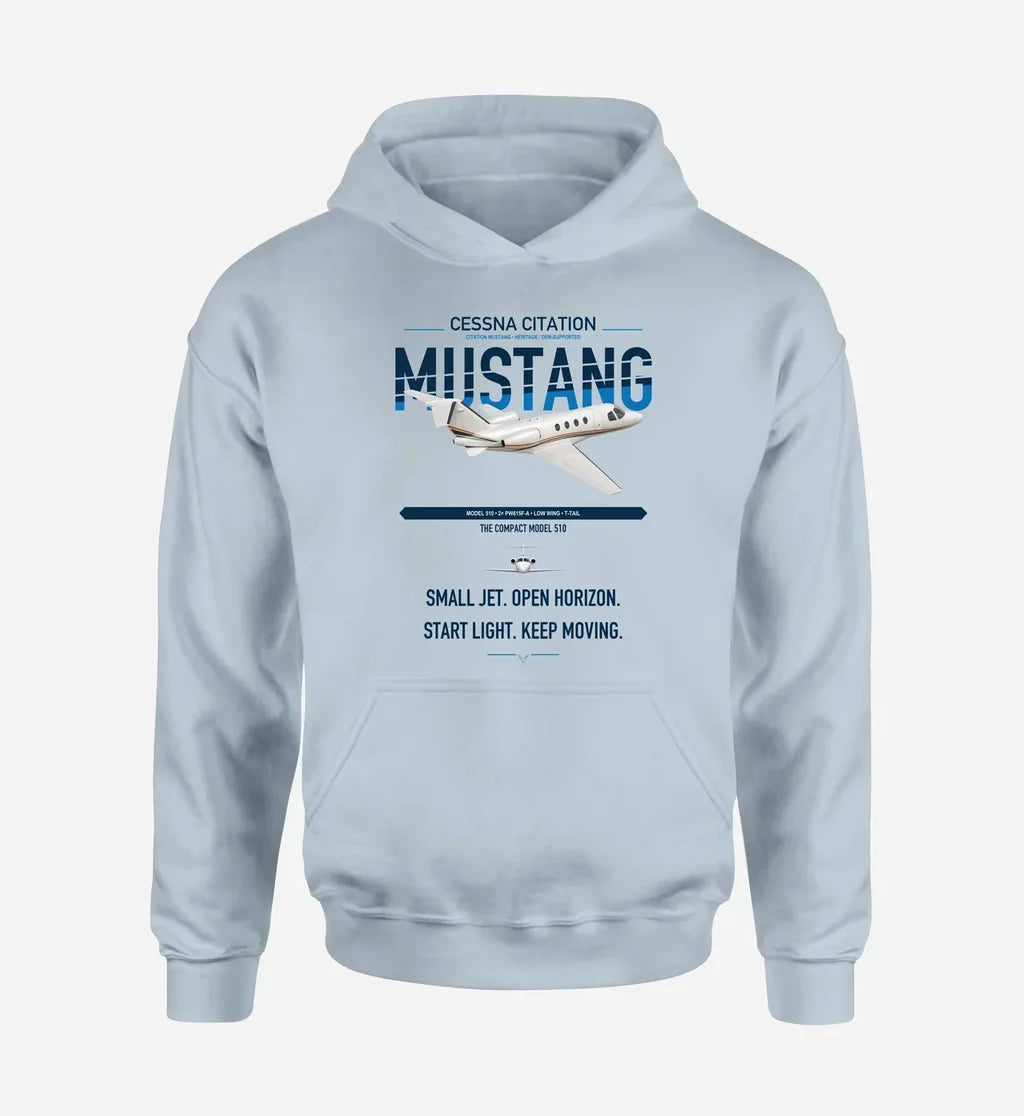 Cessna Citation Mustang design on light blue double-side hoodie, single-side print