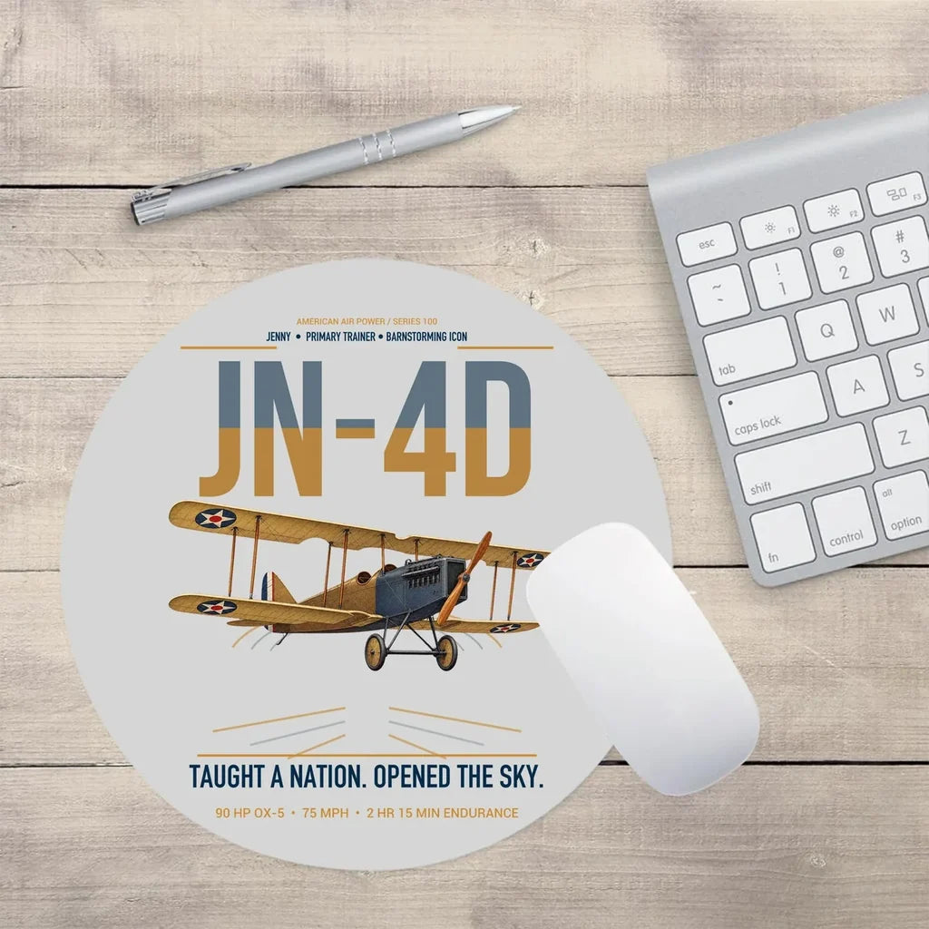 Curtiss JN-4D Jenny design on light gray round mouse pad