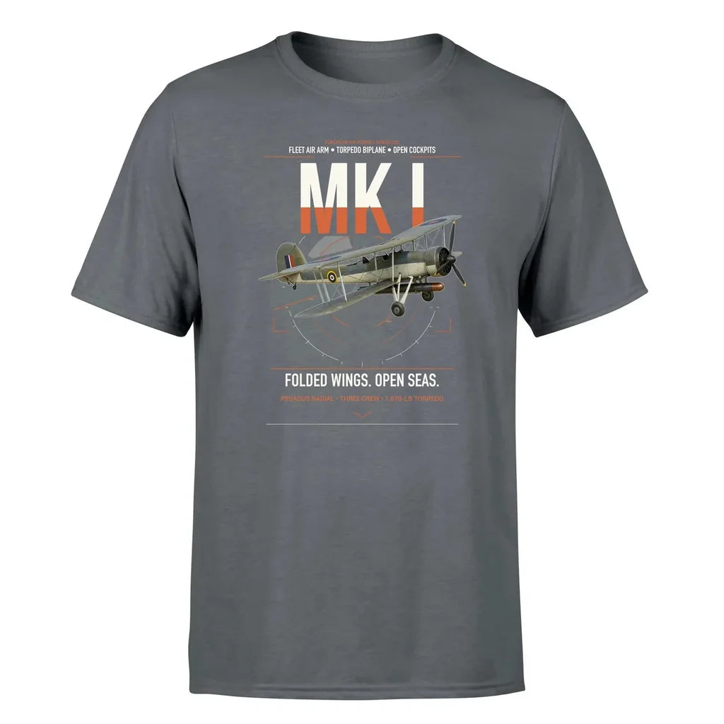 Fairey Swordfish Mk I design on gray t-shirt, single-side print
