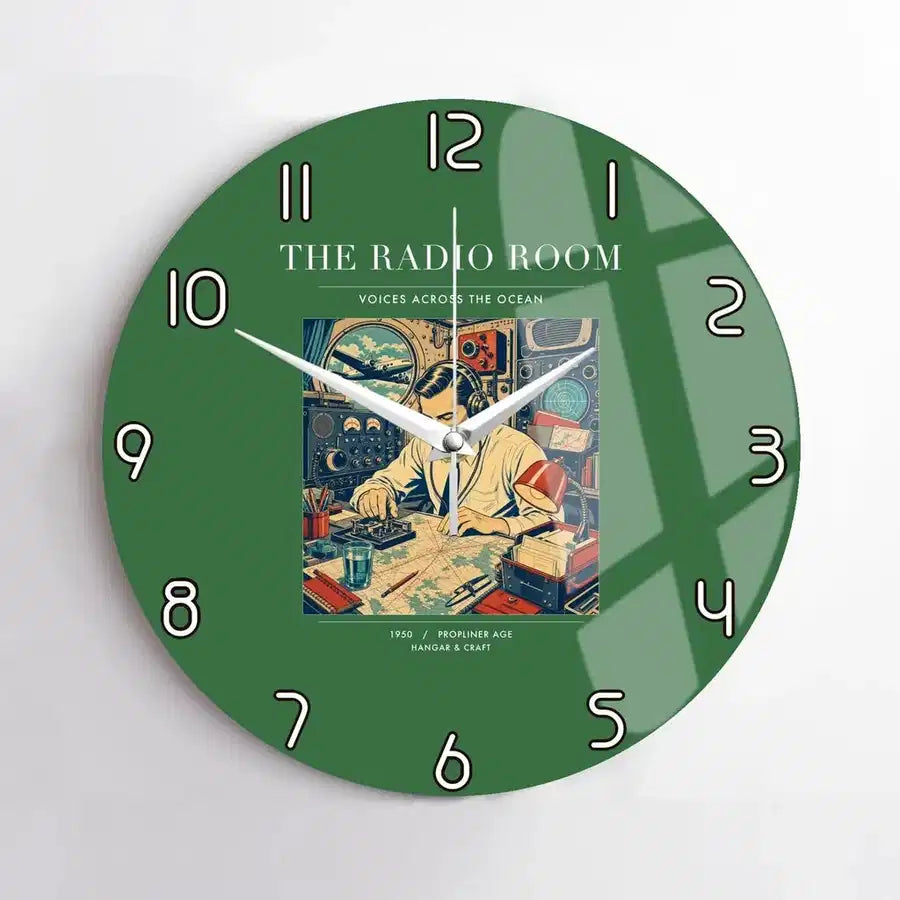 VINTAGE G4106 - The Radio Room - Designed Wall Clocks design on green no-frame