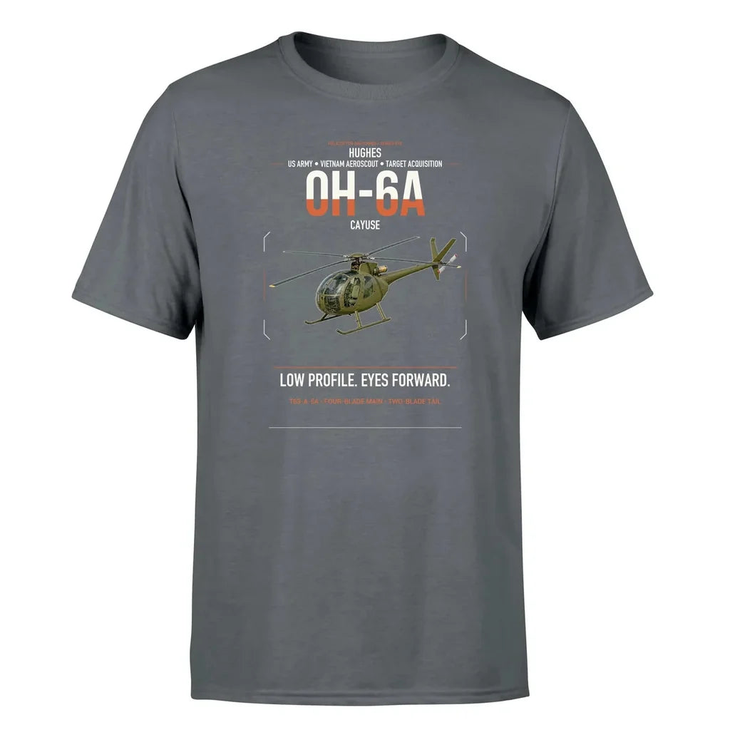 Hughes OH-6A Cayuse design on gray t-shirt, single-side print