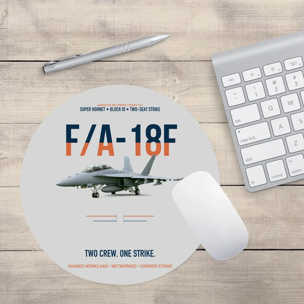 F-A-18F Super Hornet Block III Two Crew One Strike design on light gray round mouse pad