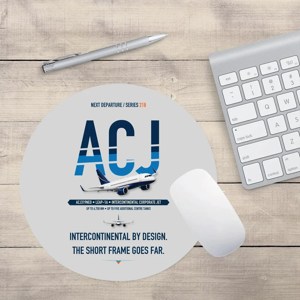 Airbus ACJ319neo design on light gray round mouse pad