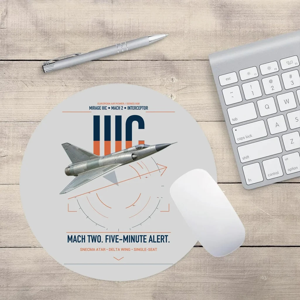 Dassault Mirage IIIC design on light gray round mouse pad