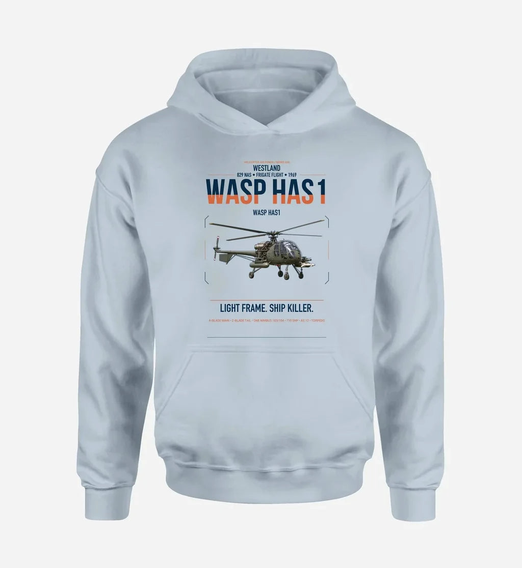 Westland Wasp HAS1 design on light blue double-side hoodie, single-side print