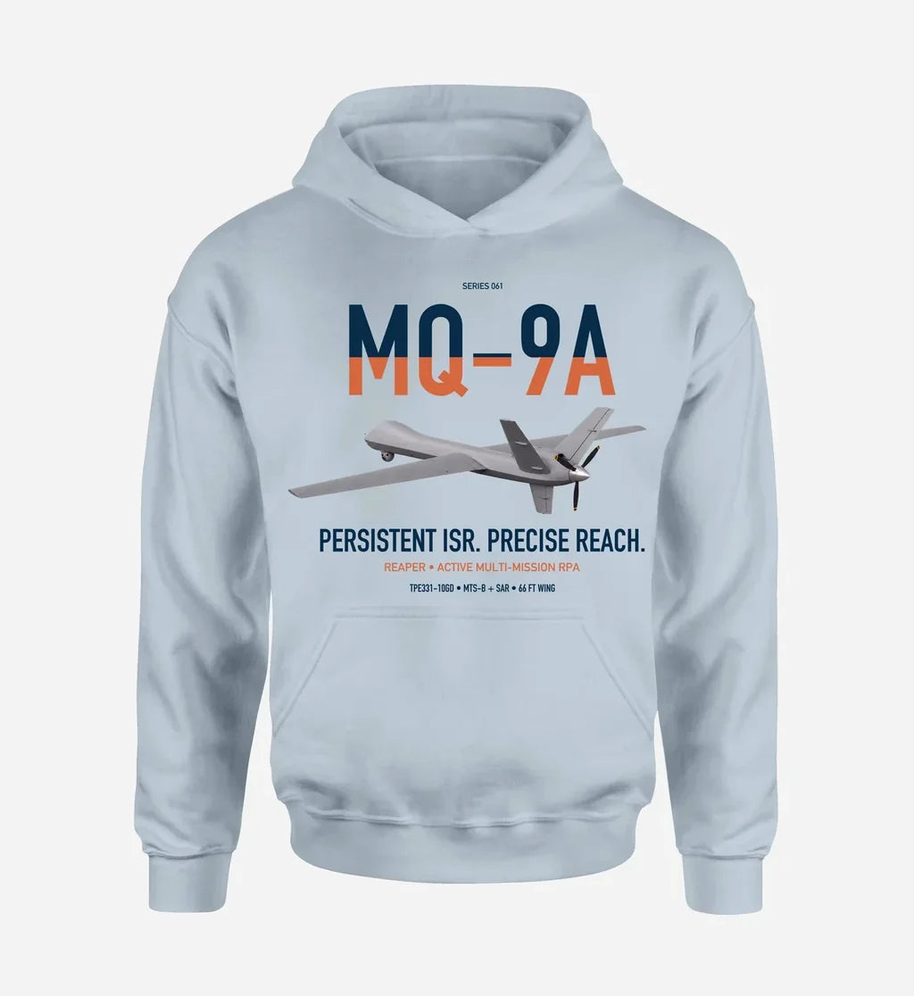 MQ-9A Reaper design on light blue double-side hoodie, single-side print