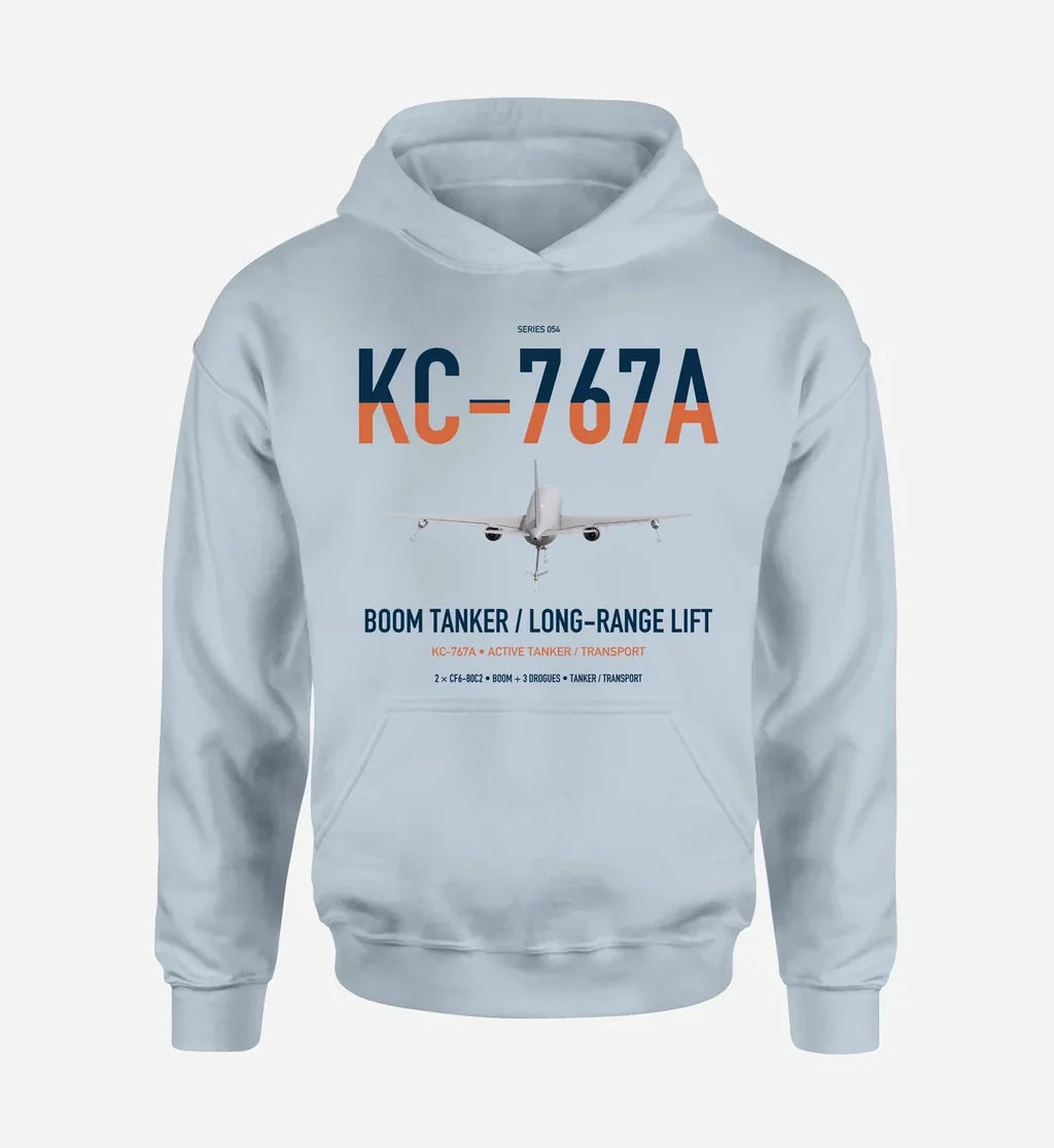 Boeing KC-767A design on light blue double-side hoodie, single-side print