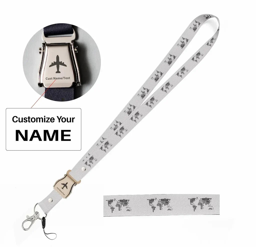 World Map (Text) seat belt lanyard - white with name