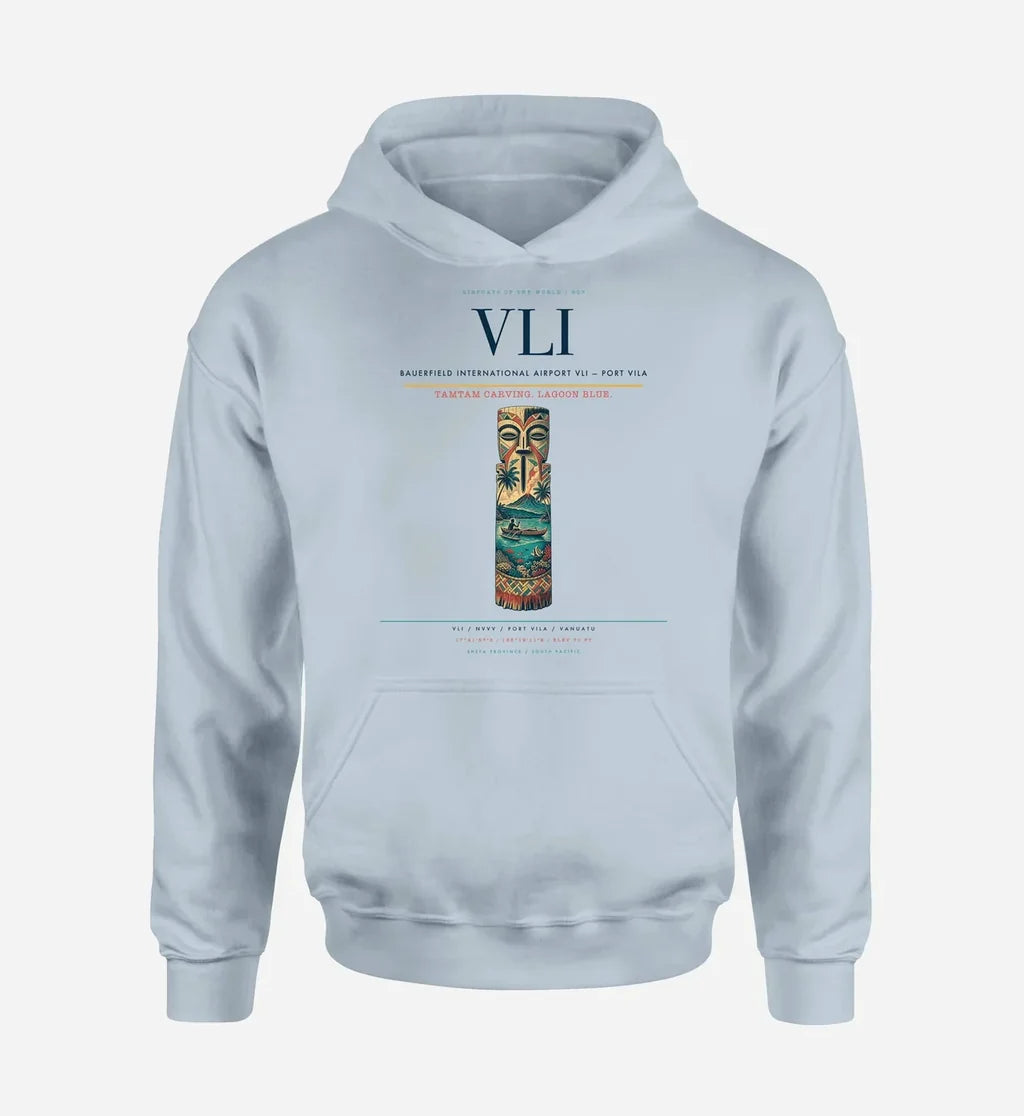 Bauerfield International Airport (VLI) design on light blue hoodie single-side print