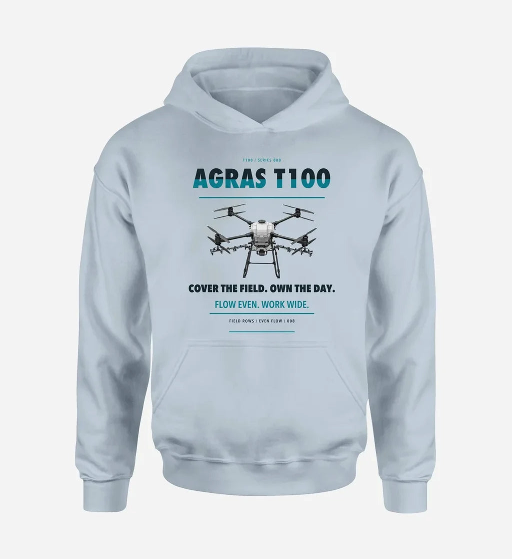 DJI Agras T100 design on light blue hoodie single side