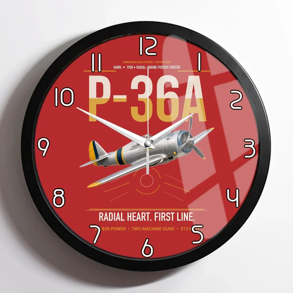 P-36A Hawk design on red framed wall clock