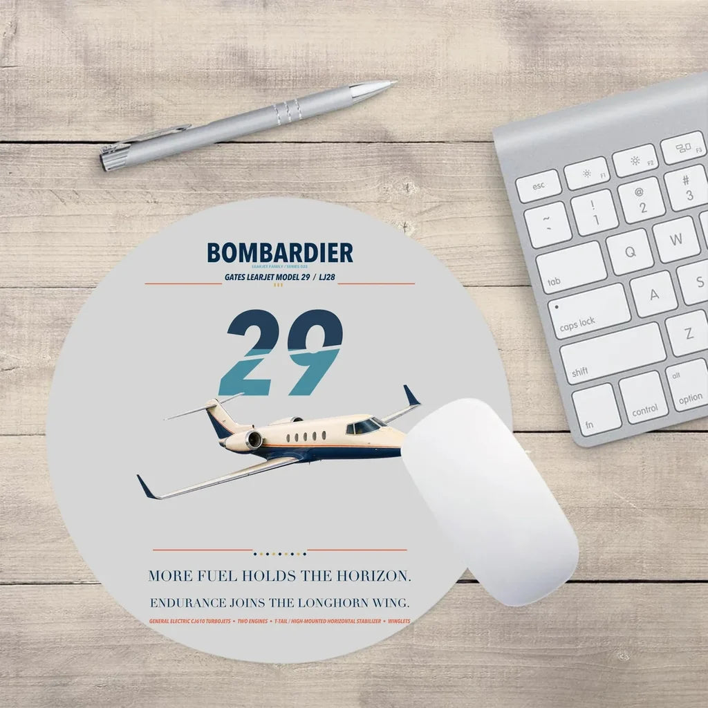Bombardier Learjet 29 design on light gray round mouse pad