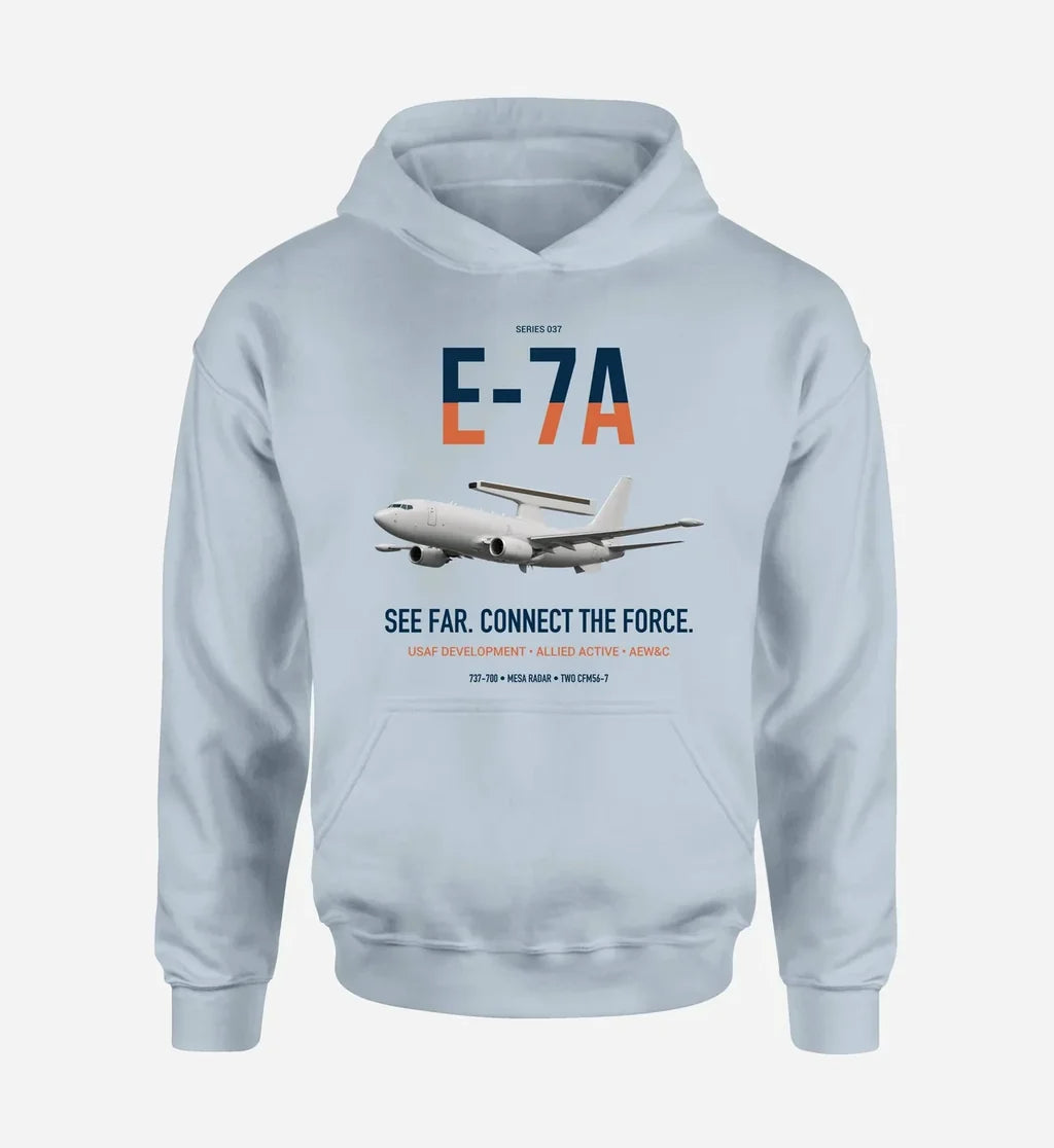 E-7A Wedgetail design on light blue double-side hoodie, single-side print