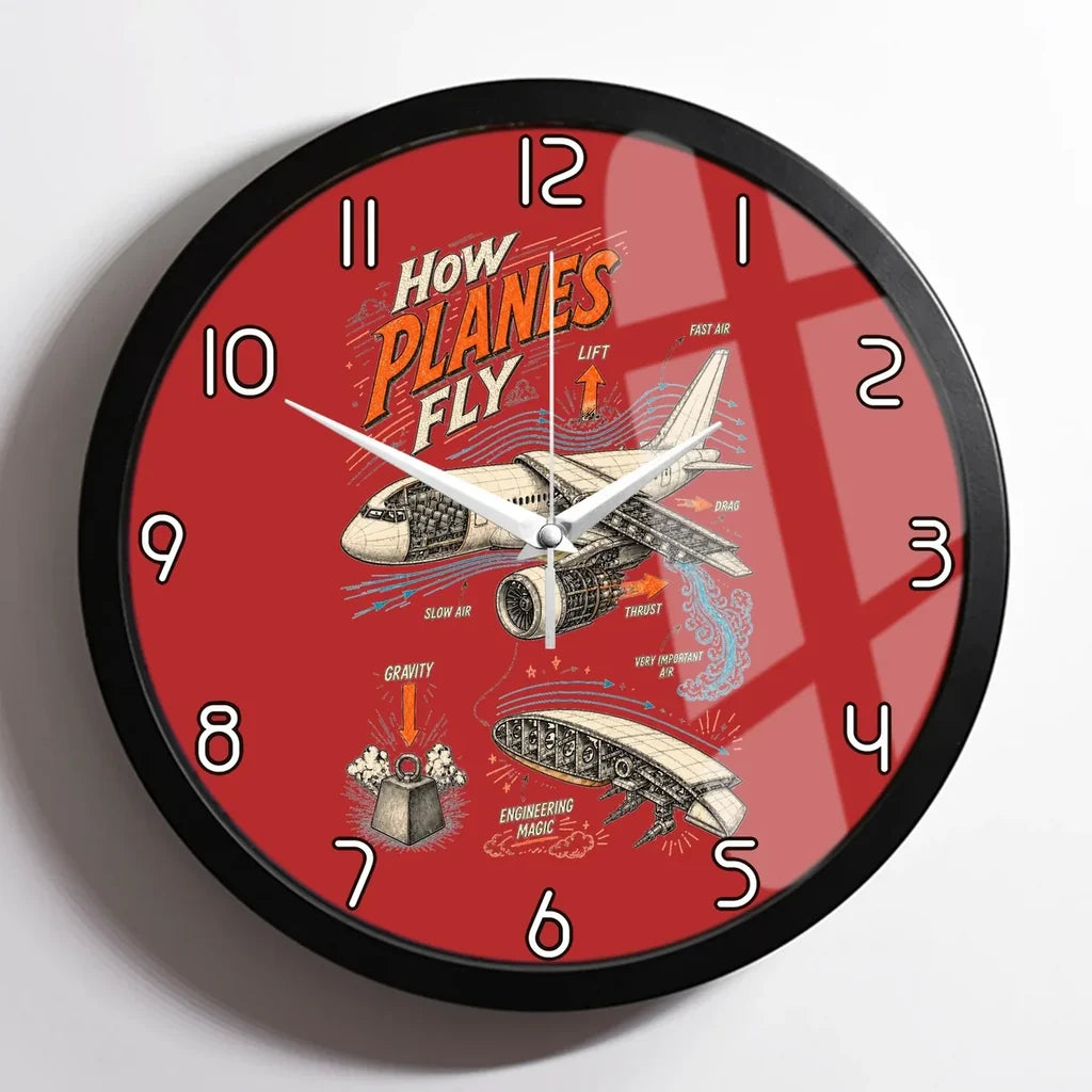 How Planes Fly V2 design on red framed wall clock