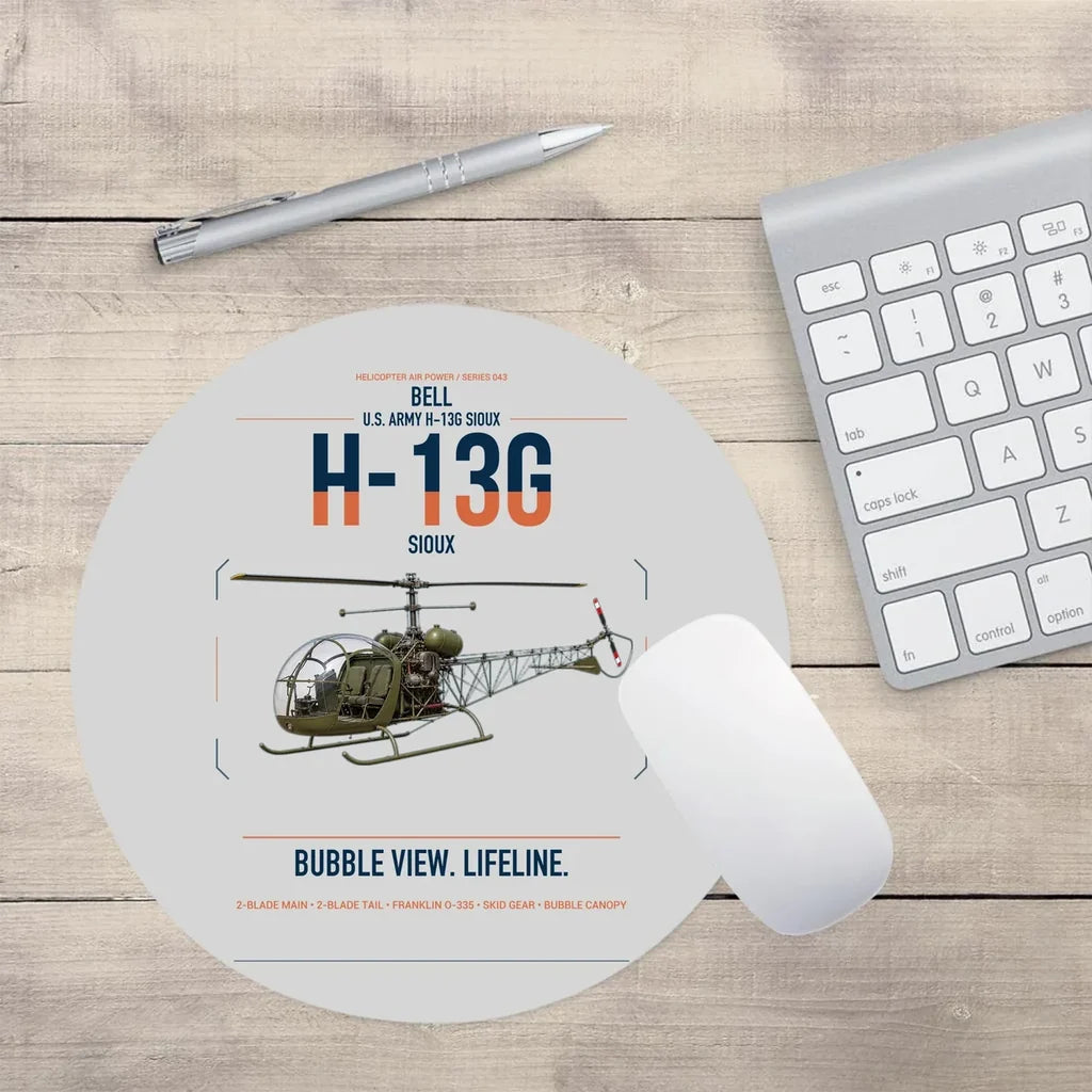 Bell H-13G Sioux design on light gray round mouse pad