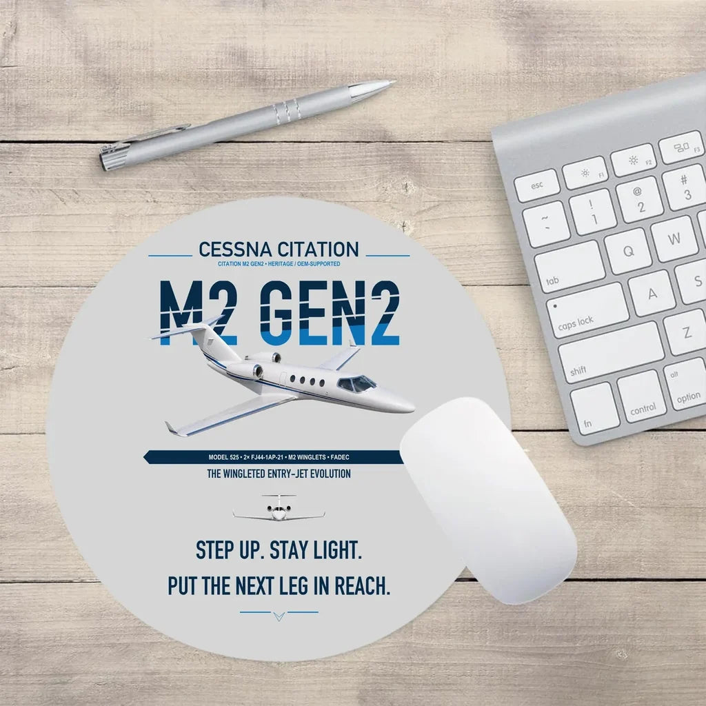Cessna Citation M2 Gen2 design on light gray round mouse pad