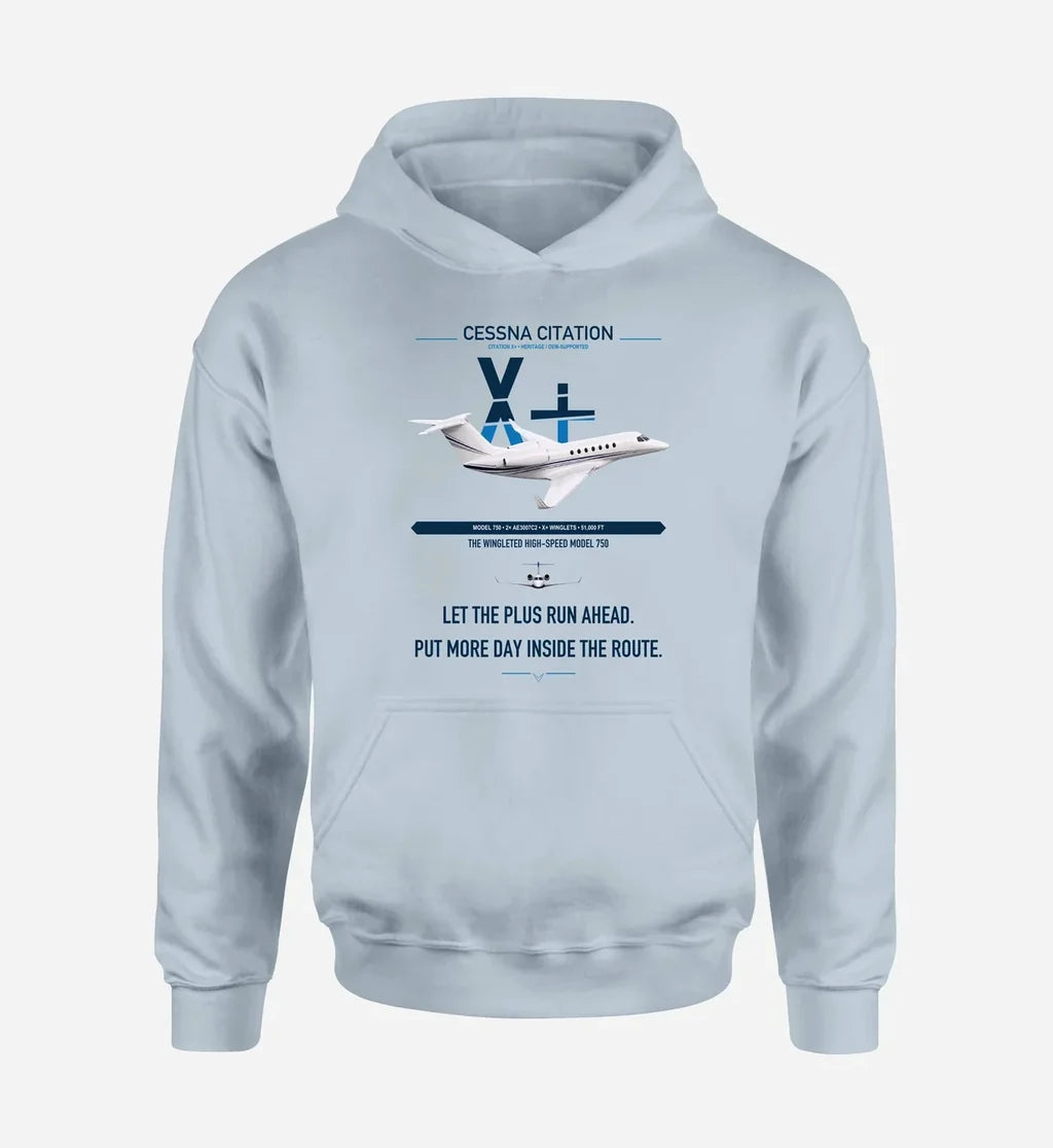 Cessna Citation X+ design on light blue double-side hoodie, single-side print