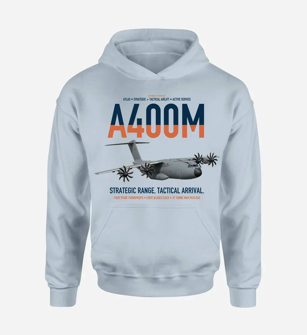 Airbus A400M Atlas design on light blue double-side hoodie, single-side print