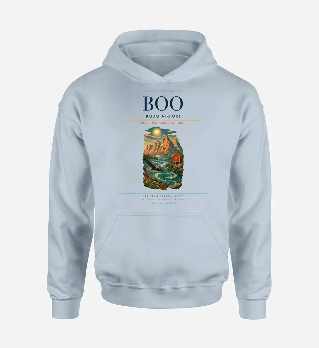 Bodø Airport (BOO) design on light blue hoodie single-side print