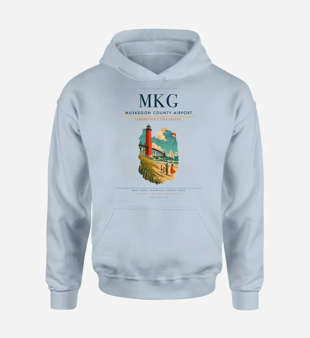 Muskegon County Airport (MKG) design on light blue hoodie single-side print