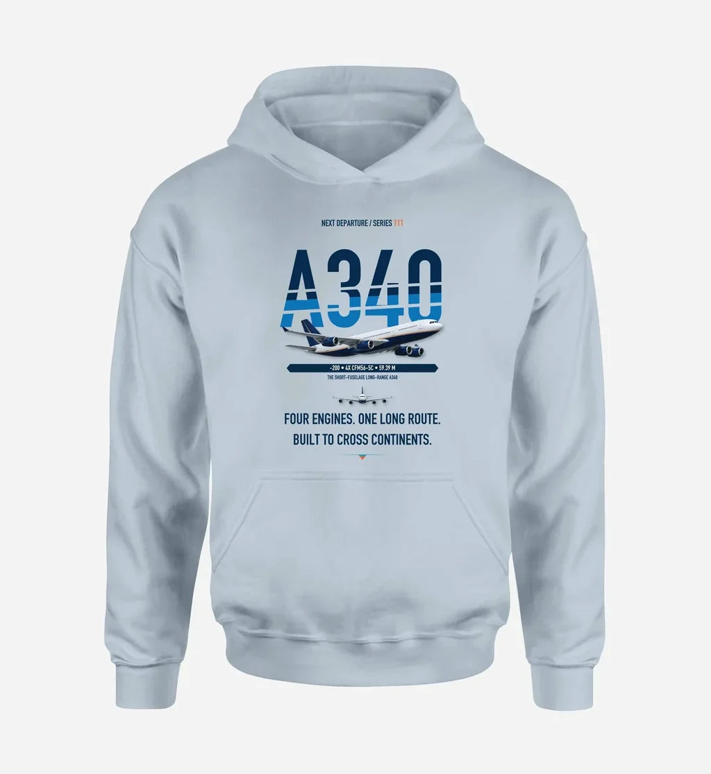 Airbus A340-200 design on light blue hoodie single side
