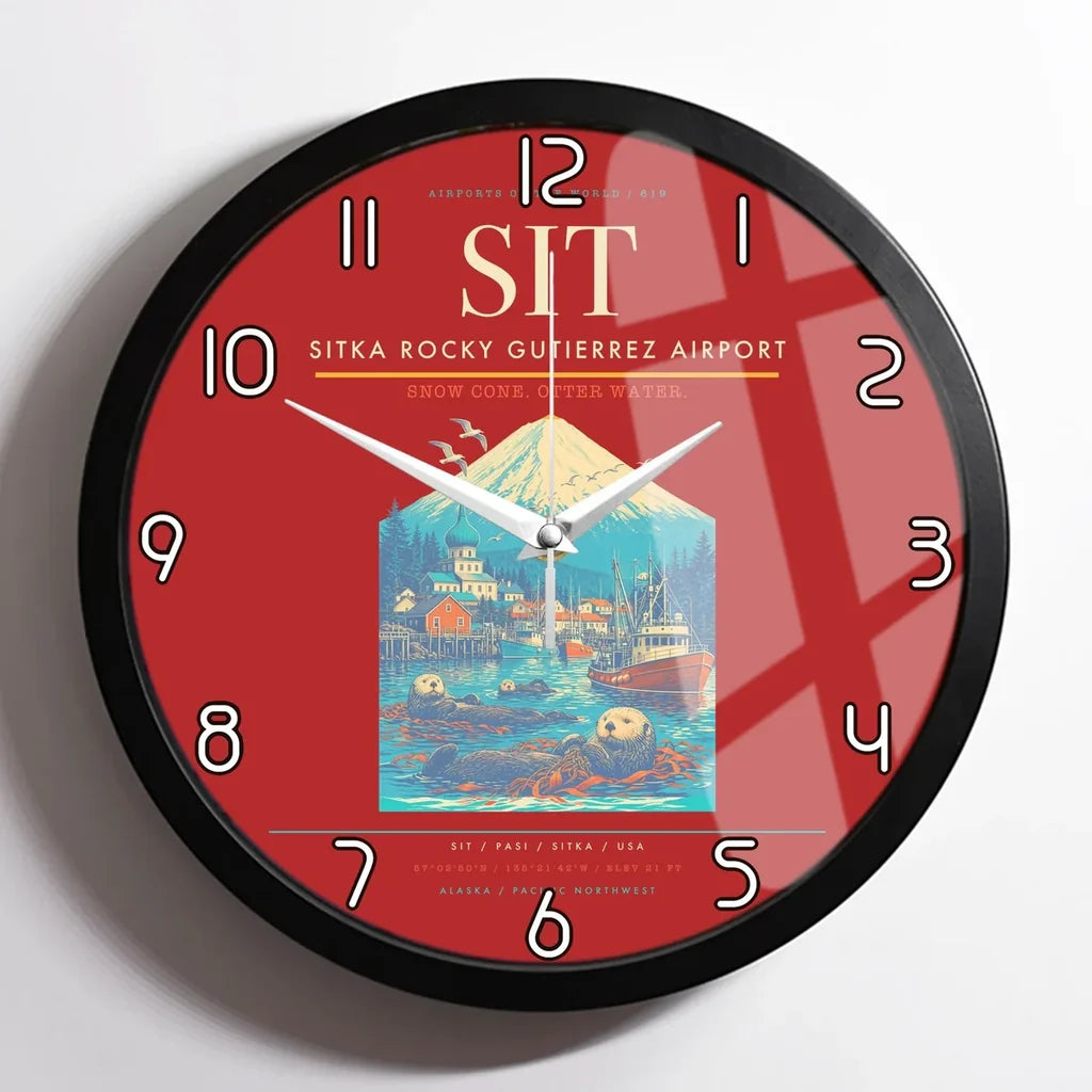 Sitka Rocky Gutierrez Airport (SIT) design on red framed wall clock