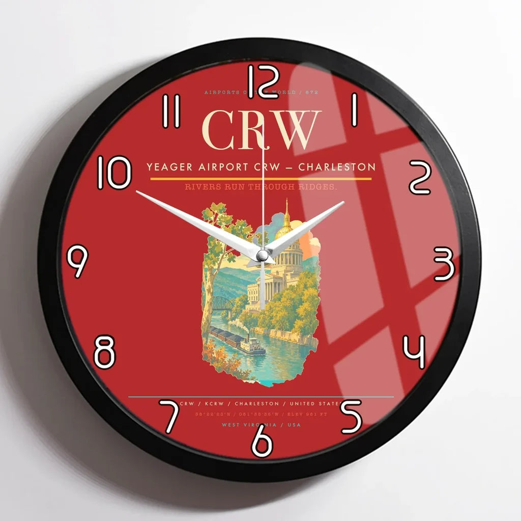 Yeager Airport (CRW) design on red framed wall clock