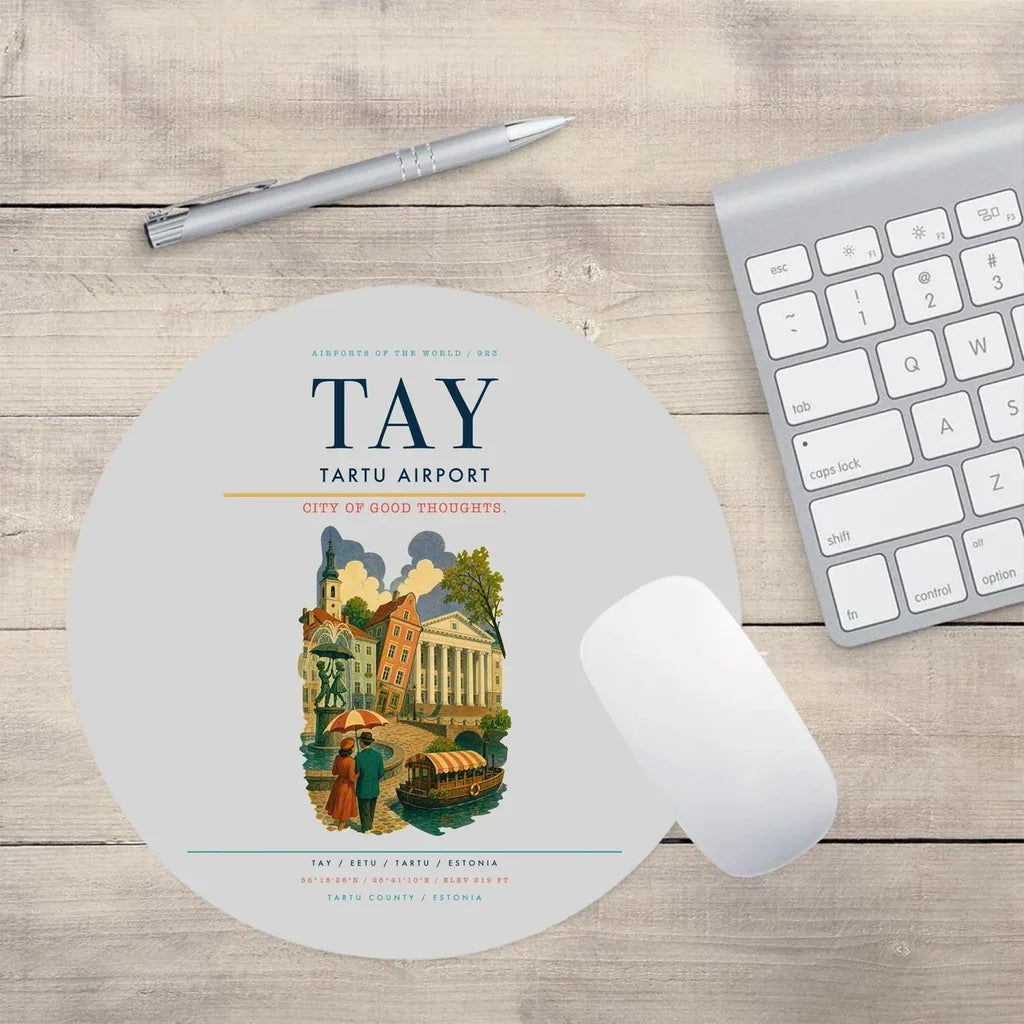 Tartu Airport (TAY) design on light gray round mouse pad