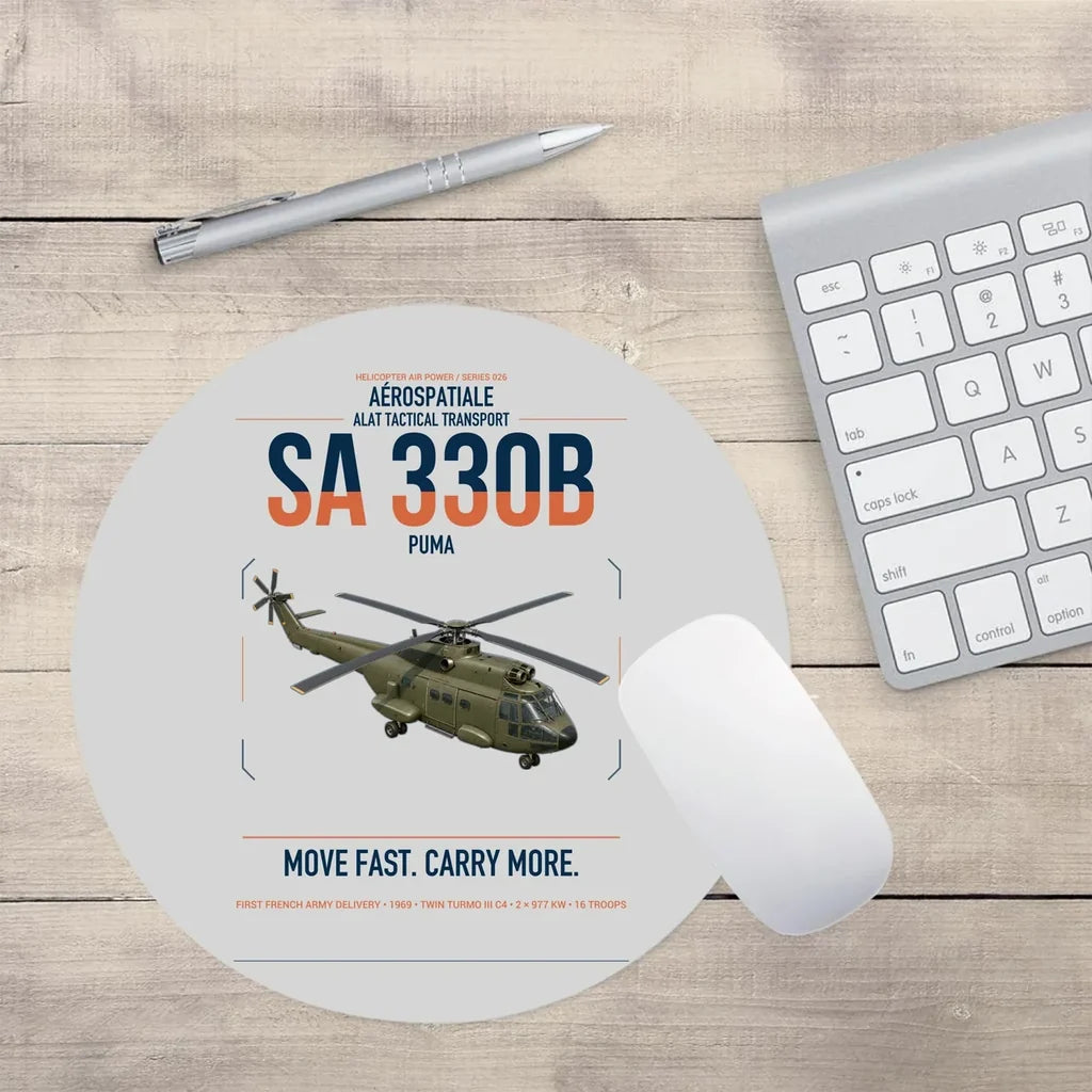 Aérospatiale SA 330B Puma design on light gray round mouse pad