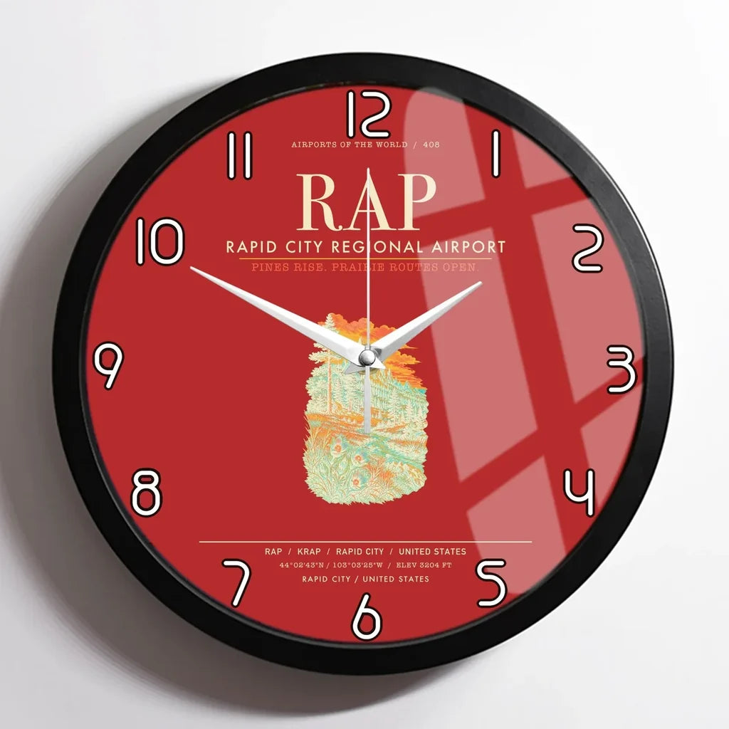 Rapid City Regional Airport (RAP) design on red framed wall clock