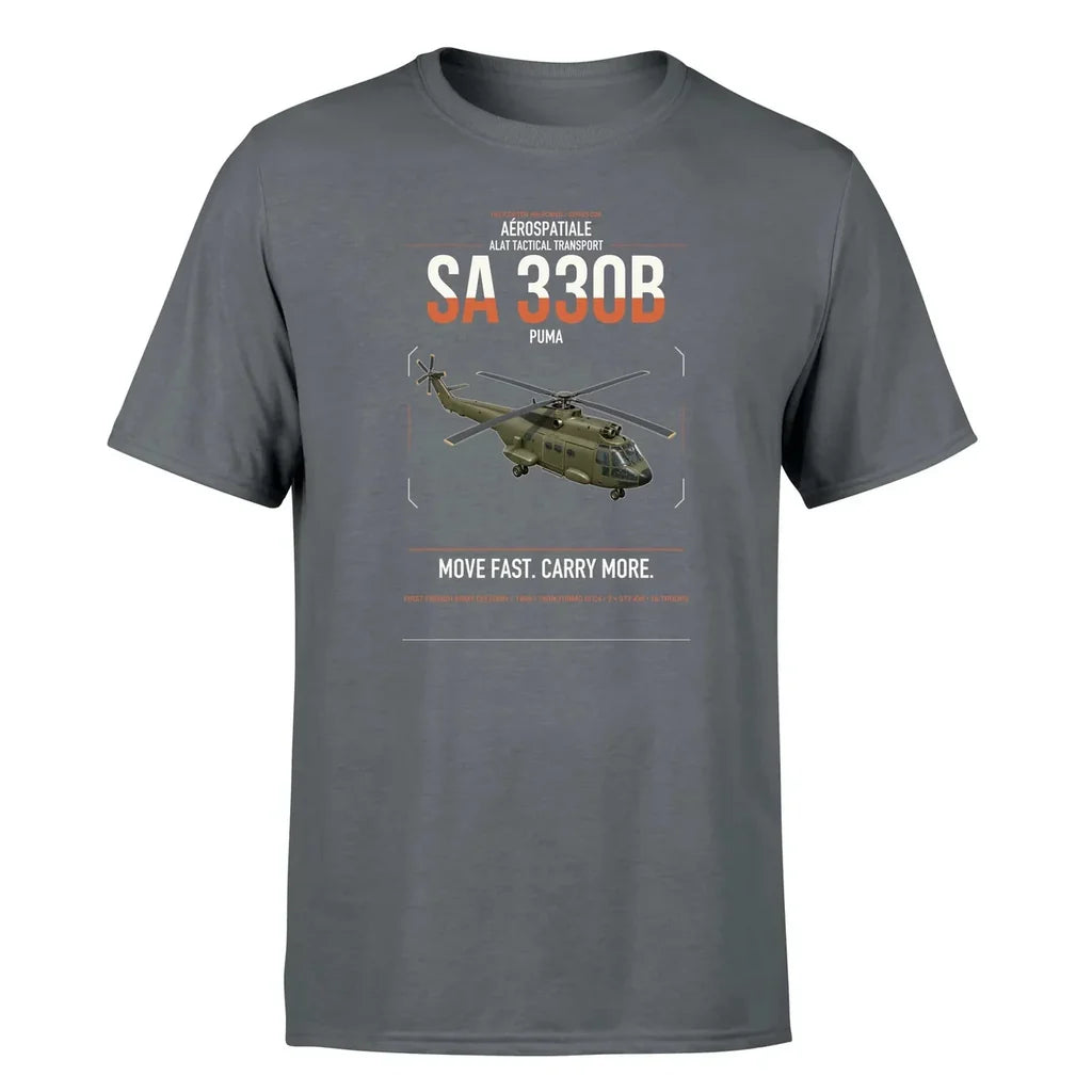 Aérospatiale SA 330B Puma design on gray t-shirt, single-side print