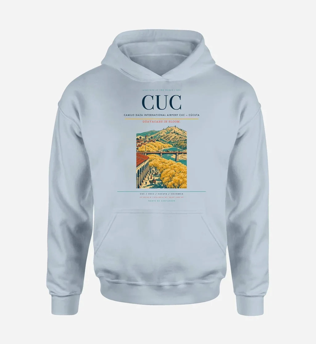 Camilo Daza International Airport (CUC) design on light blue hoodie single-side print
