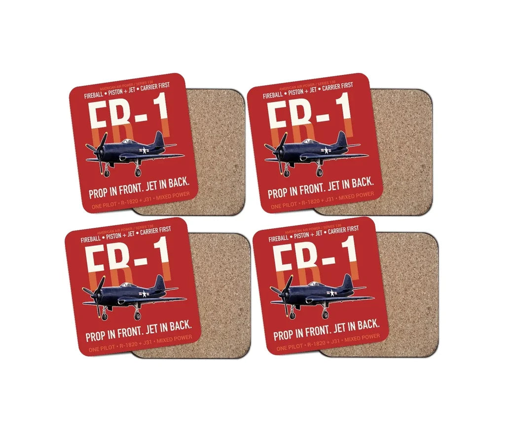 FR-1 Fireball Prop in Front Jet in Back design on red 4 pieces set coaster