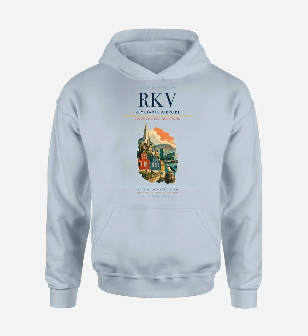 Reykjavík Airport (RKV) design on light blue hoodie single-side print