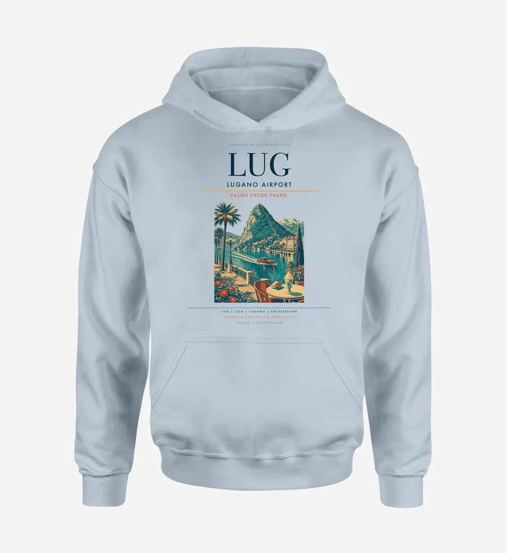 Lugano Airport (LUG) design on light blue hoodie single-side print