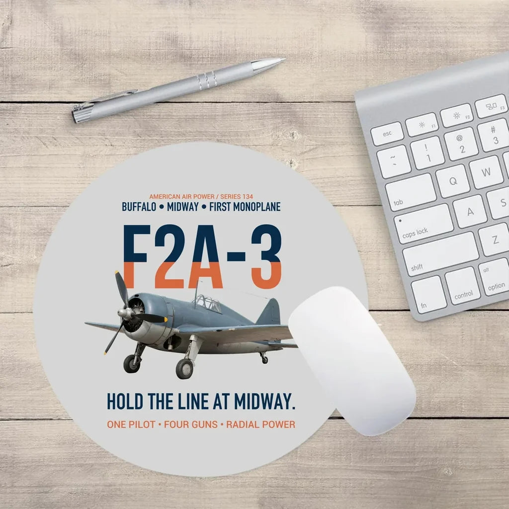 F2A-3 Buffalo Hold the Line at Midway design on light gray round mouse pad