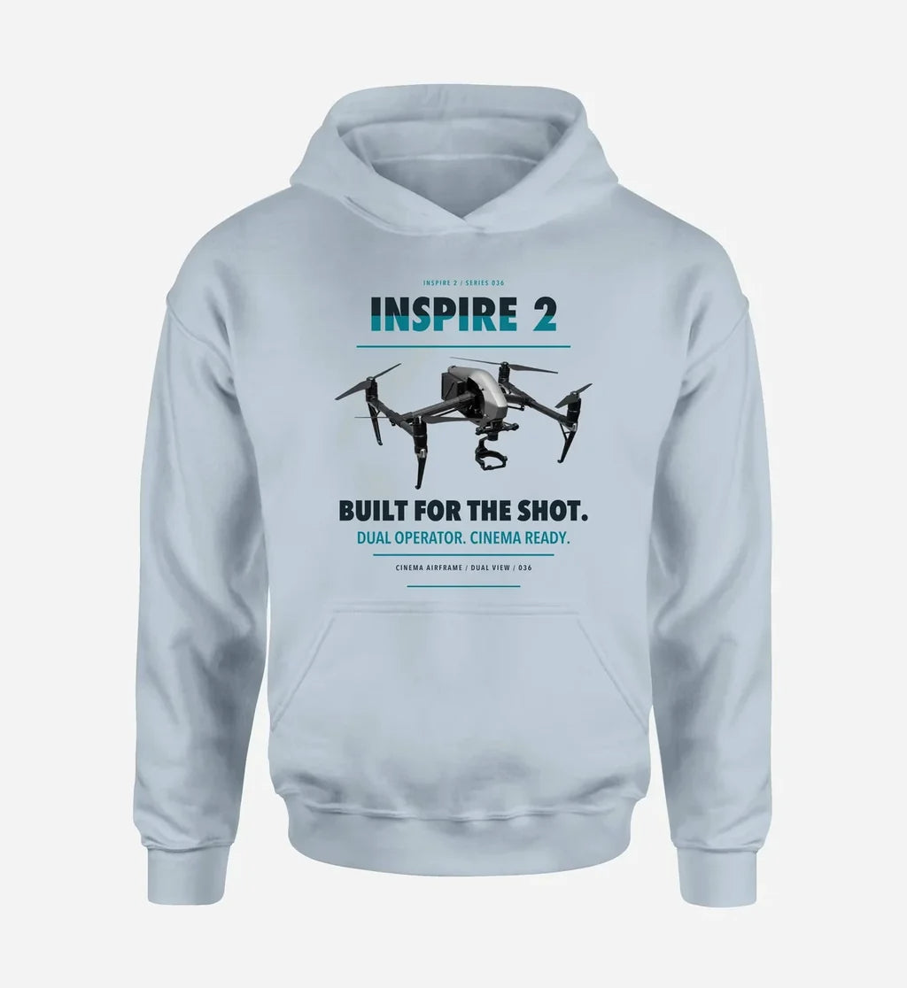DJI Inspire 2 design on light blue hoodie single side