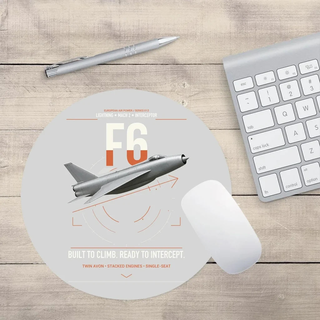English Electric Lightning F6 design on light gray round mouse pad