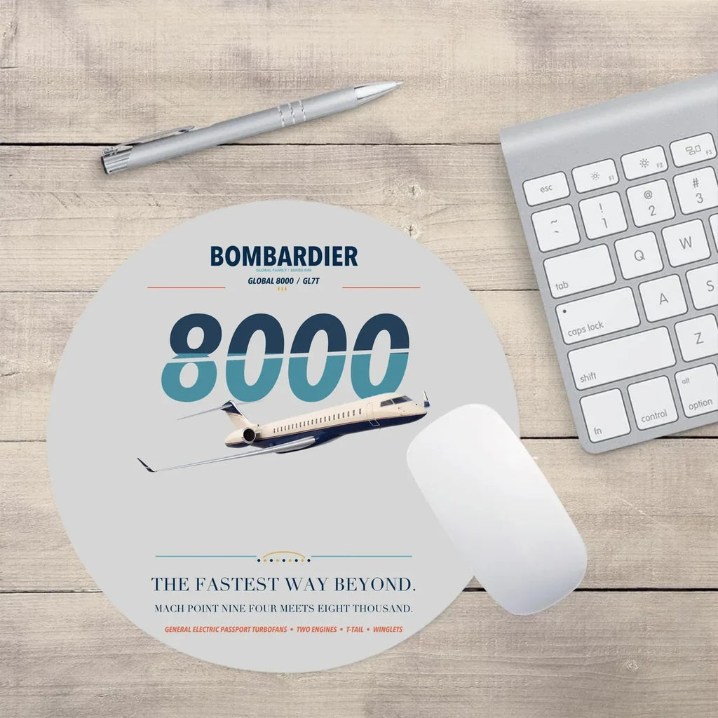 Bombardier Global 8000 design on light gray round mouse pad