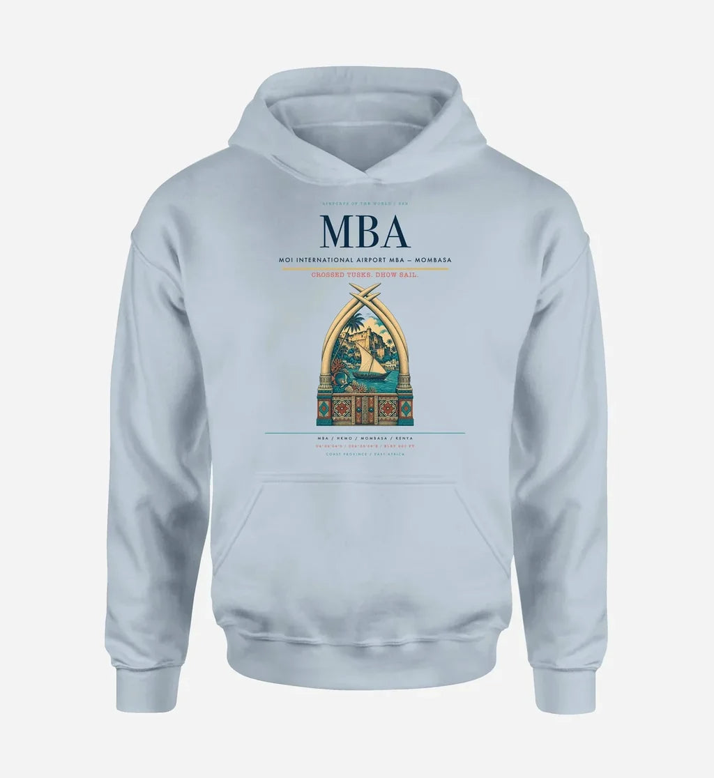 Moi International Airport (MBA) design on light blue hoodie single-side print
