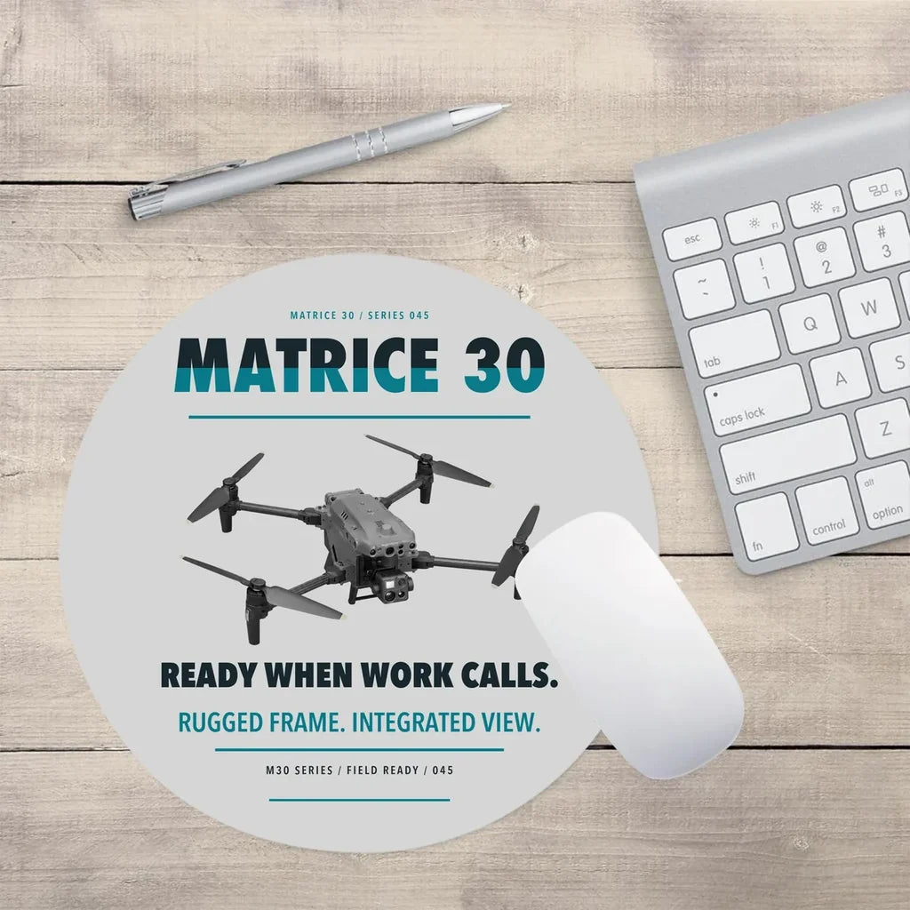 DJI Matrice 30 design on light gray round mouse pad