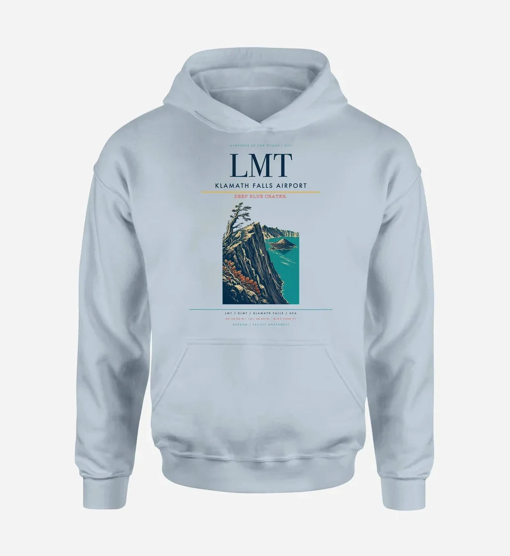 Klamath Falls Airport (LMT) design on light blue hoodie single-side print