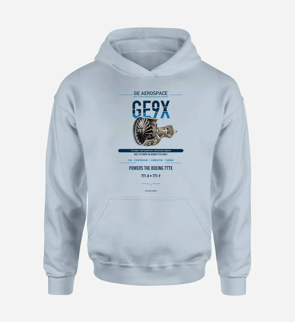 GE9X design on light blue hoodie single side