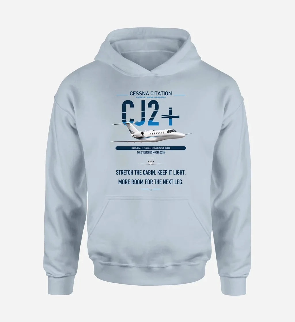 Cessna Citation CJ2+ design on light blue double-side hoodie, single-side print